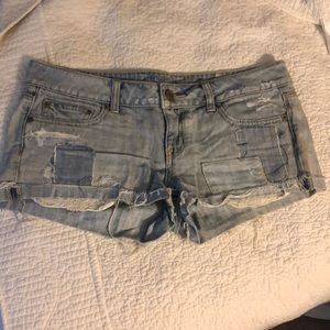 American Eagle Outfitters Light Blue Denim Jean Shorts w/ White Crochet Pockets